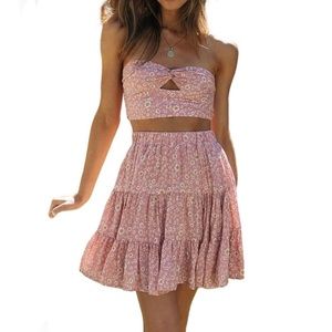 NWT Two Piece Floral Tube Cami Ruffle Mini Skirt Set Pink